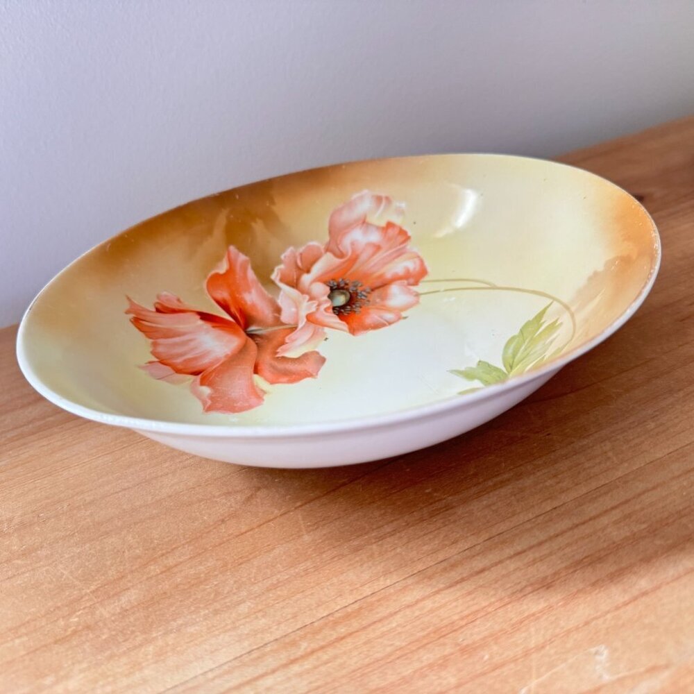 Vintage 9” Bowl JHR Germany Poppy Flower Light Green Orange Pink - Picture 3 of 5